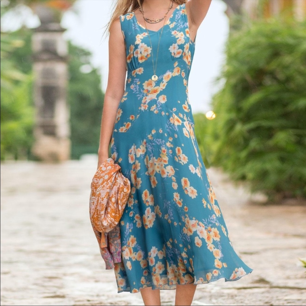 SUNDANCE BLUEBIRD SKY FLORAL MIDI MAXI SILK SLEEVELESS DRESS V-NECK FLOWY 12